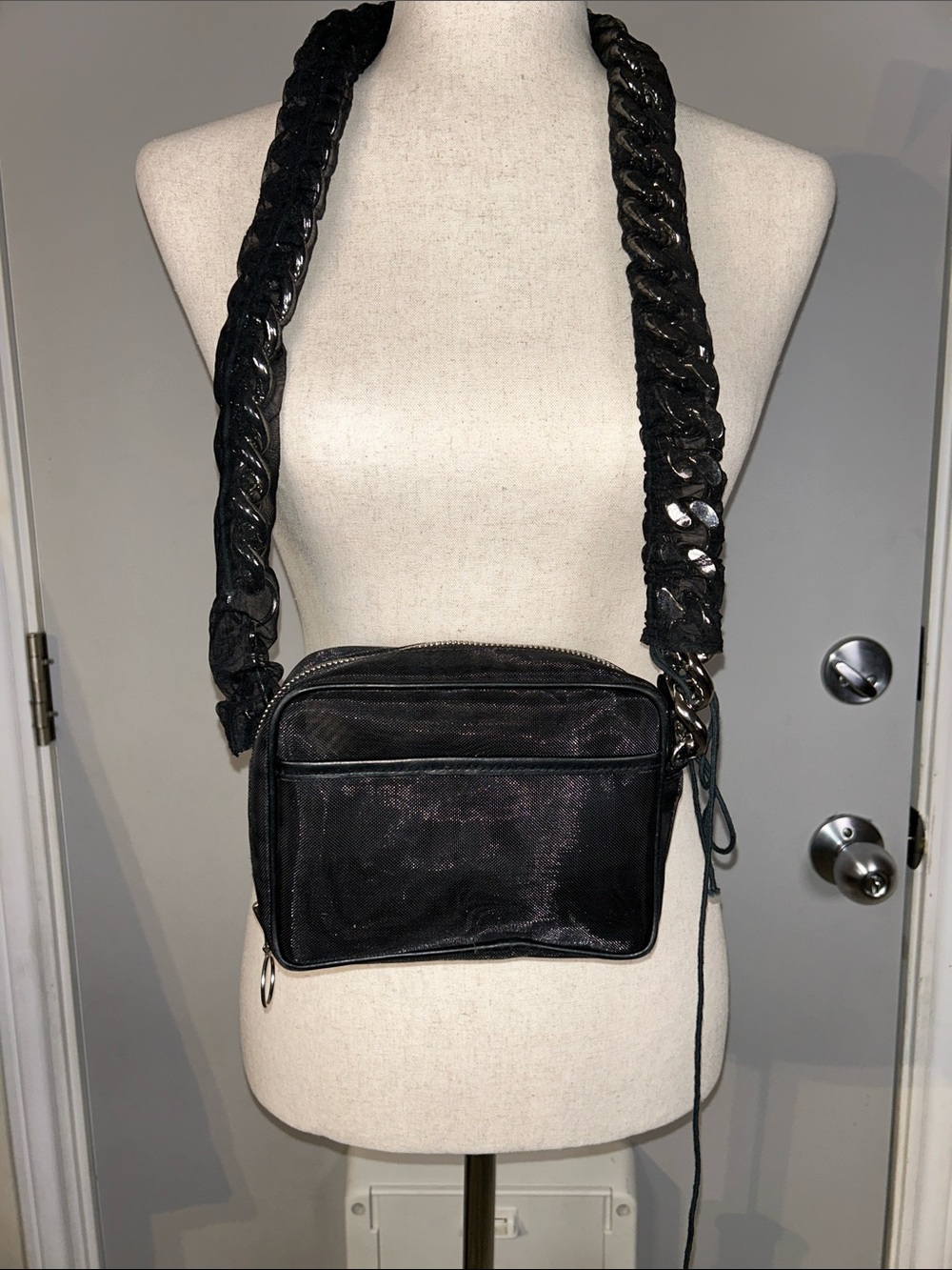 KARA Black Tulle Camera Bag / tulle covered chunky silver metal chain